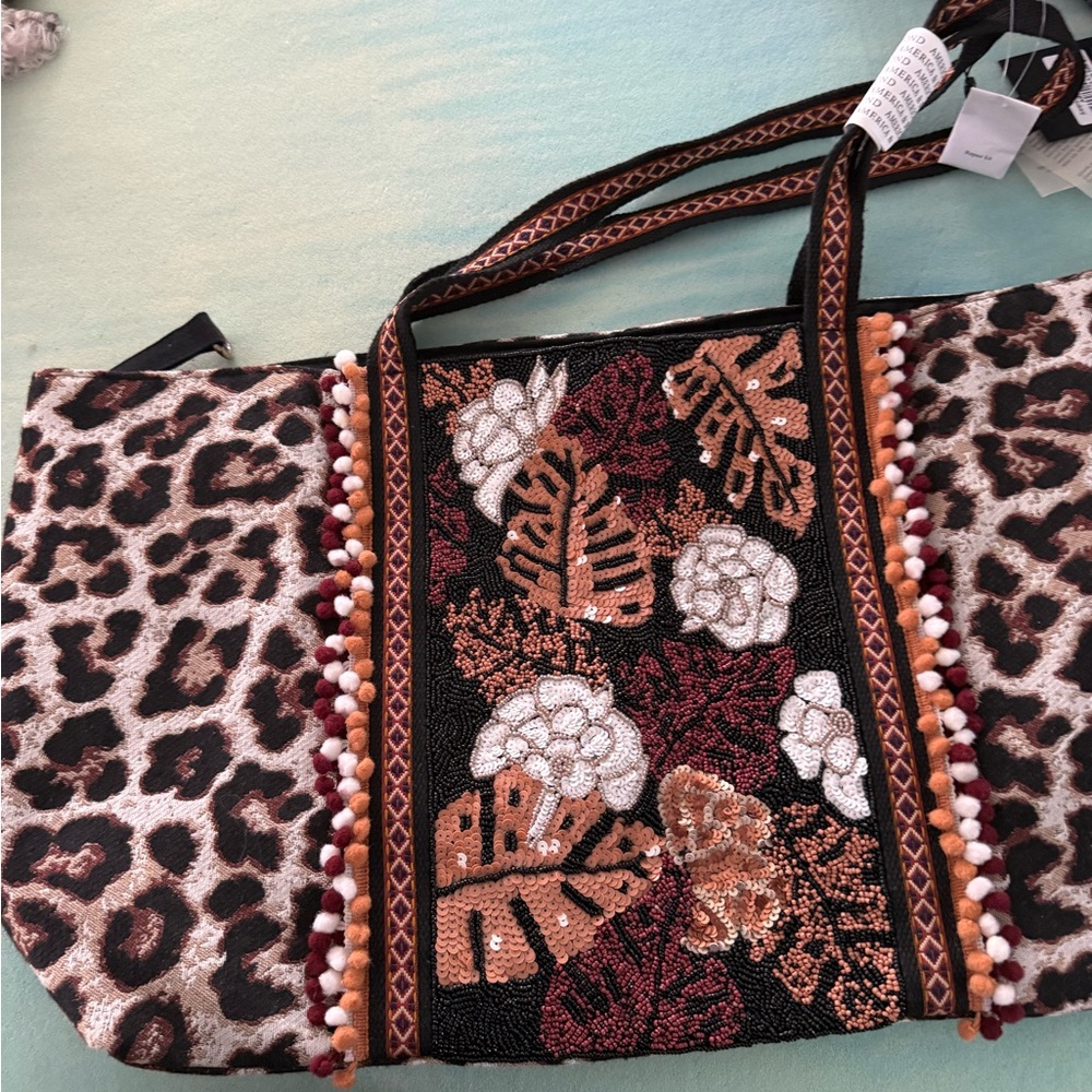 Leopard and Floral Embroidered Tote Bag